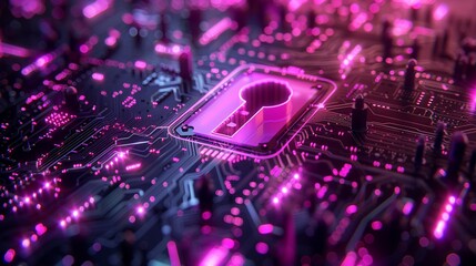 Fototapeta premium Shield and keyhole with electronic circuitry, detailed, neon purple, cyber security focus 8K , high-resolution, ultra HD,up32K HD