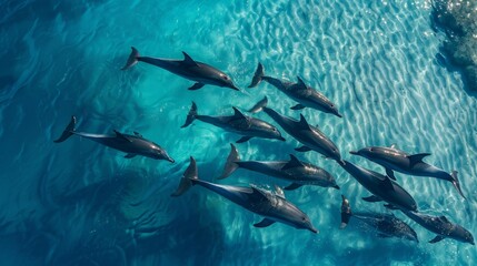 Obraz premium An aerial view of a dolphin pod swimming in formation, their synchronized movements creating mesmerizing patterns on the ocean's surface