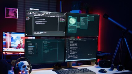 Script running on computer in secret base of operations used by hacker to steal data. Programming...