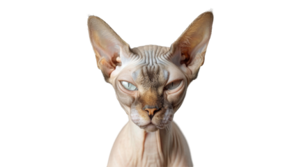 A cat with a very long face and no fur on transparent or white background