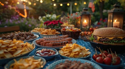 Fototapeta premium outdoor blue tablecloth decorated with red, white and blue American flags. food such as burgers, hot dogs, buns and a picnic basket full of delicacies