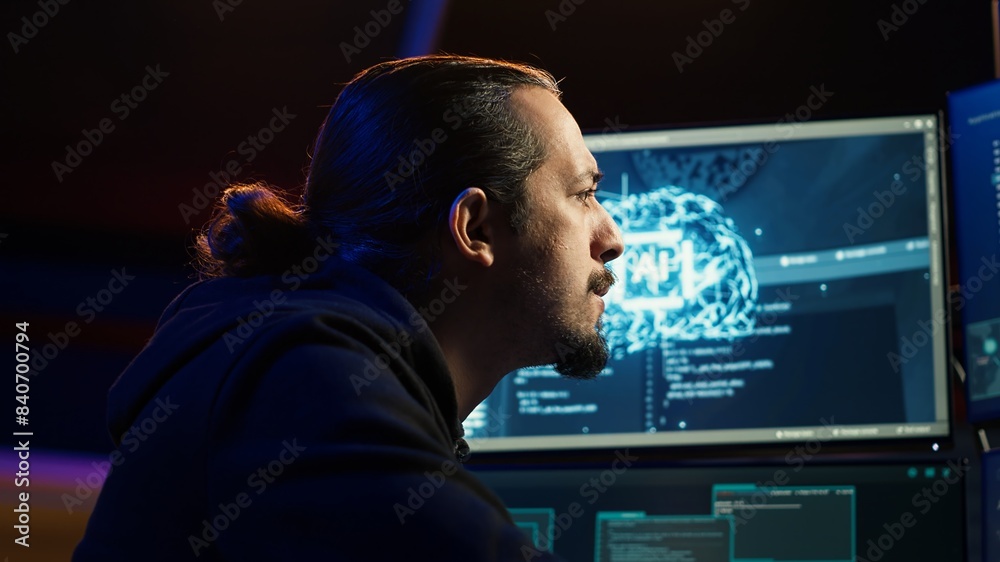 Poster hacker using ai machine learning to find unpatched connections and steal data. close up shot of scam