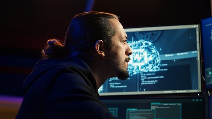 Hacker using AI machine learning to find unpatched connections and steal data. Close up shot of scammer using artificial intelligence to compromise digital devices and illegally gaining info, camera A