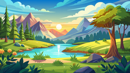 wild small lake and trees vector background