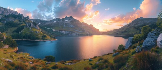 A panoramic view of the Cexada Lake in P.AutoScale, Spain at sunset with beautiful colors