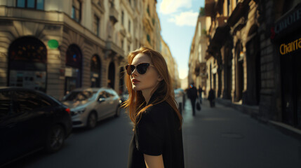 A fashionable woman in sunglasses walks through a busy urban street, exuding modern style and elegance