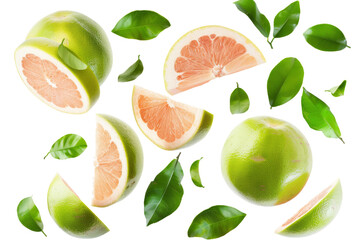 Fresh Green Oranges with half slice and green leaves in the air with leaves isolated on background, Summer tropical juicy fruit.