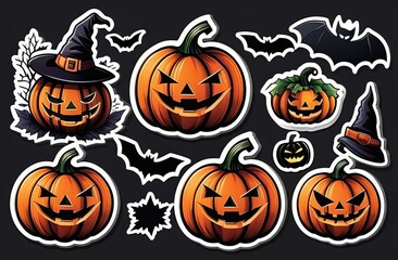 Halloween sticker set with pumpkins, hats and bats