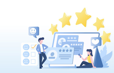 Customer satisfaction survey and feedback review concept. Positive and negative respond, rating star, loyalty, good experience. Gives 5 star rating satisfaction with the product or service. 