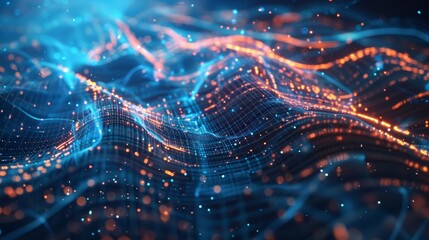 Dynamic abstract background with flowing light trails and geometric shapes, evoking the energy and innovation of advanced technology
