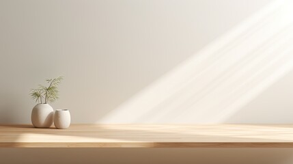 Empty Light Wood Table with Soft Shadow and Sun Rays on White Wall Background