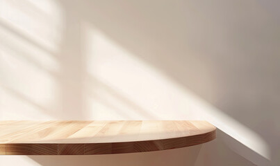 Empty Light Wood Table with Soft Shadow and Sun Rays on White Wall Background