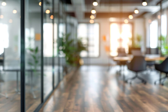 Blur background of modern office interior design. Workspace background for corporate office. Coworking  space modern style. Blurred office. Presentation background