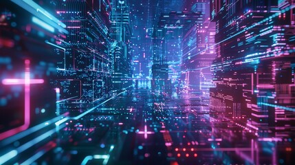 Fototapeta premium Cyberpunk abstract background with neon grids and floating holograms, offering a visually dynamic and futuristic design