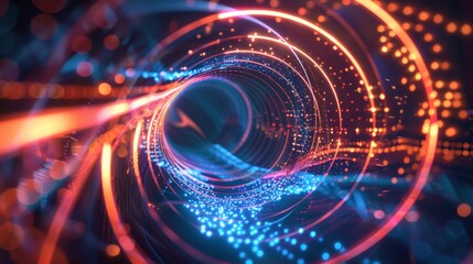 Obraz premium Hi-tech digital swirl with luminous lines and geometric shapes, forming a sophisticated and engaging abstract background