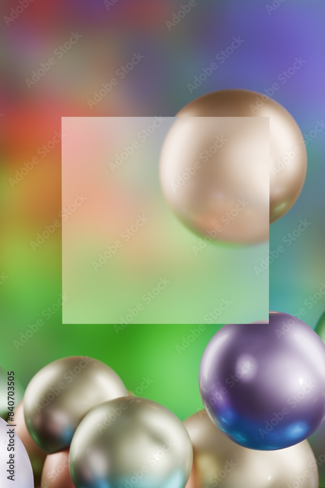 Poster colorful background with floating metallic spheres and a transparent square in the center. 3d render