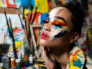 Obraz premium Vibrant Makeup Expression Showcases Creative Talent and Innovative Self Expression description This striking image captures a visually mesmerizing