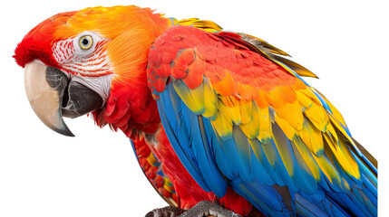 A colorful parrot with a red beak and blue and yellow feathers on transparent or white background