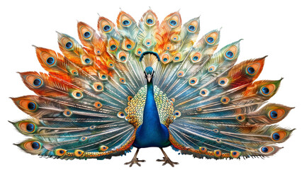 Obraz premium A colorful peacock with its head down and tail spread out on transparent or white background