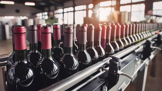 L&iacute;nea de llenado de botellas de vino tinto, botellas de vino tinto en las correas transportadoras, f&aacute;brica de vino, industria alimentaria.