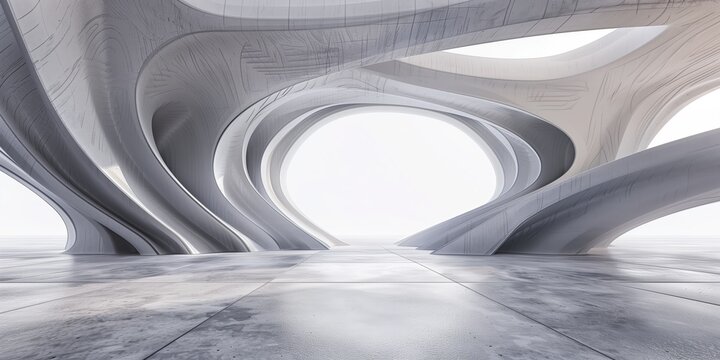 3D render of abstract futuristic architecture concrete structure with flowing curves
