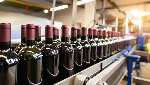 L&iacute;nea de llenado de botellas de vino tinto, botellas de vino tinto en las correas transportadoras, f&aacute;brica de vino, industria alimentaria.