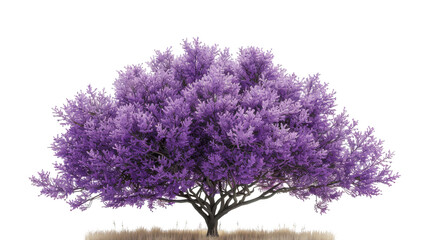 A large purple tree stands alone in a field on transparent or white background