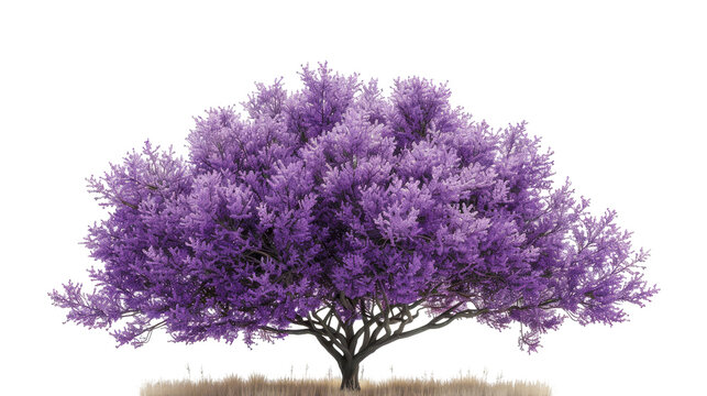A large purple tree stands alone in a field on transparent or white background