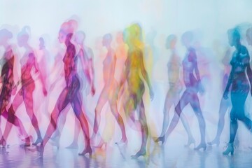 Blurry long exposure photograph of people in colorful bodysuits walking in unison