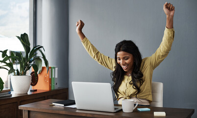 Woman, laptop and celebration with virtual consultant, success and online for business meeting....