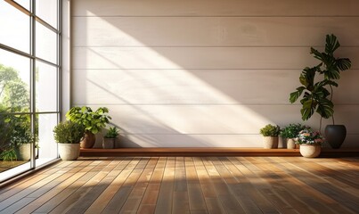 Fototapeta premium Empty Room with Wooden Floor, and House Plants, Soft Light on White Wall Background
