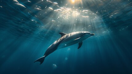 Naklejka premium An underwater photographer capturing the elegance of a dolphin swimming gracefully beneath the surface, its streamlined form illuminated by sunlight filtering through the water