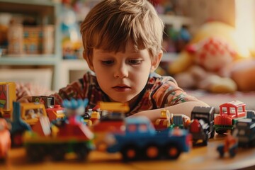 Young boy playing with toy trains on a table