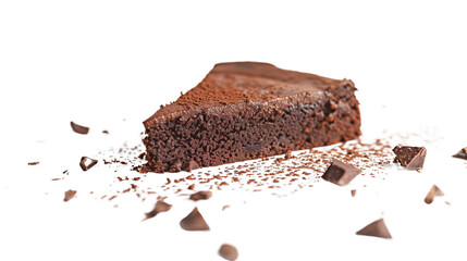 A piece of chocolate cake in the center on a png white background