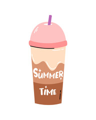 Cappuccino freddo. Ice coffee, milkshake. Summer time. Poster, card for print. Cartoon flat vector illustration.