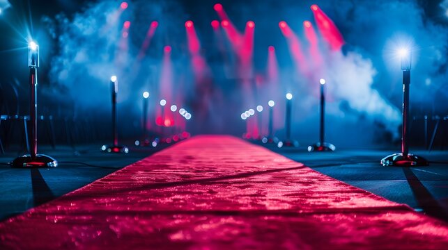 Red carpet on a grand stage,by a dramatic spotlight background