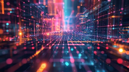 Obraz premium Geometric technology grid with vibrant colors and intricate designs, forming a visually engaging and immersive abstract background