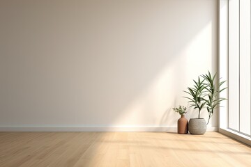 Empty Room With Sunlight Streaming Through Window and Potted Plants on Wooden Floor