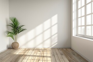 Fototapeta premium Empty Room With Sunlight Streaming Through Window and Potted Plants on Wooden Floor