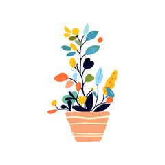 Illustration of minimalistic variegated flowers planted in a pot, depicted in a charming folk style. Suitable for print, decoration, poster printing, and home decor.