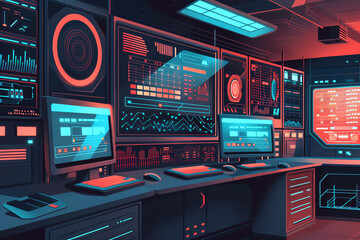Design a cartoon visualization of a virtual server management interface, software theme, side view, highlighting control panels and dashboards, cybernetic tone, complementary color