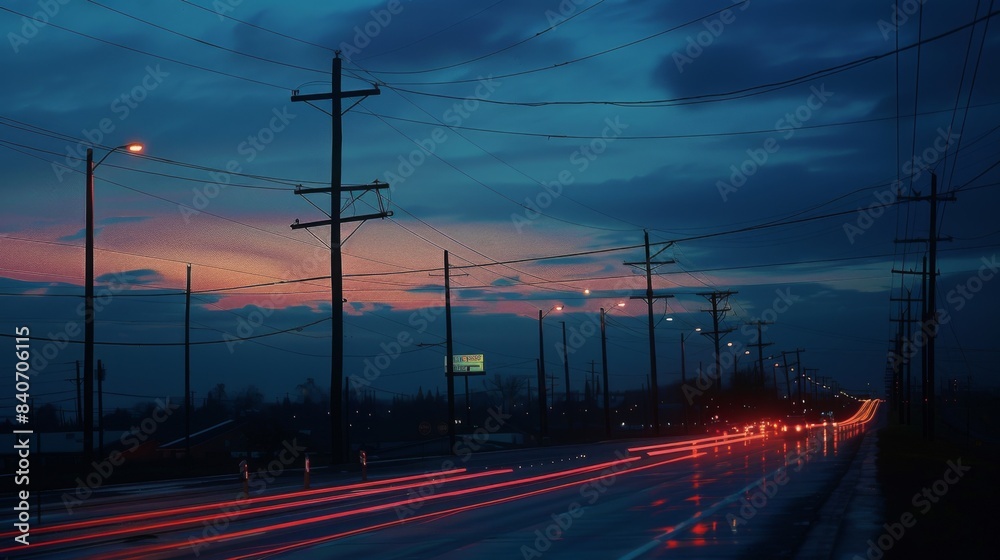 Poster electricity poles along a highway at dusk, with car headlights and a fading sky, emphasizing the con