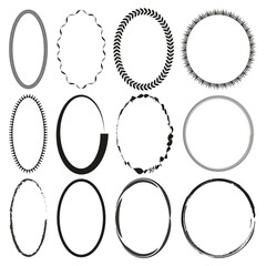 Oval frame collection. Decorative border set. Black and white. Vector shapes.
