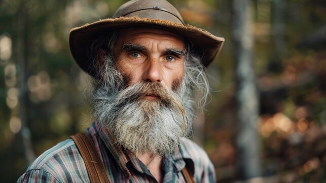 Close up Thoughtful Senior Male Farmer with Straw Hat Looking Into the Distance at the Farm. moonshiner portrait
