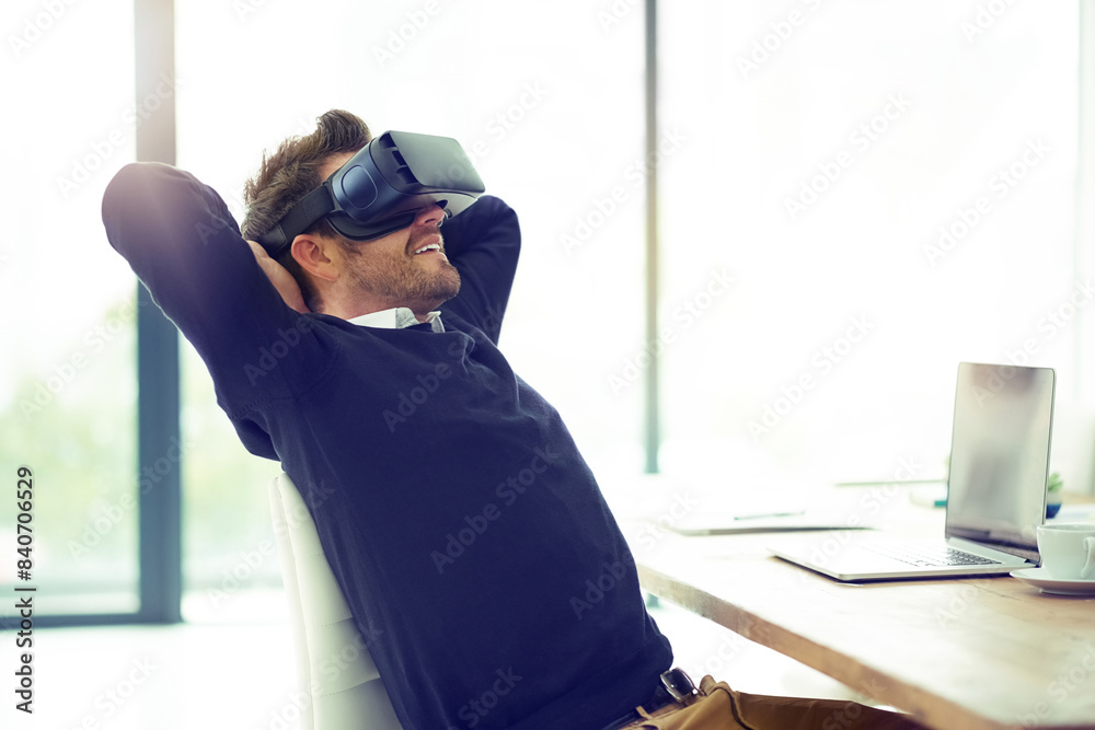 Poster man, vr and relax in office with smile, video and 3d user experience with futuristic vision for stre