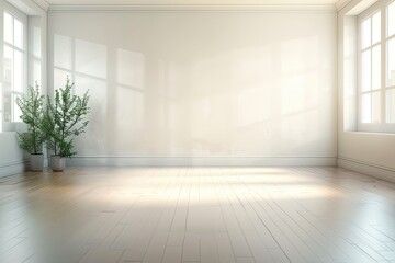 Fototapeta premium Empty Room with House Plants and Wooden Floors Sunlight Background