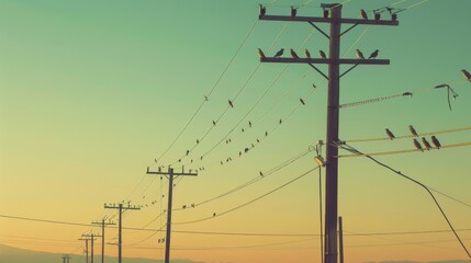 Electricity poles with birds perched on the wires, capturing a moment of nature interacting with man-made structures