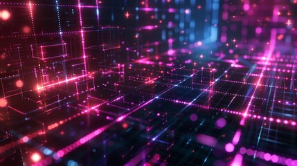Obraz premium Geometric technology grid with bright neon highlights and floating data points, forming a visually striking and complex high-tech background