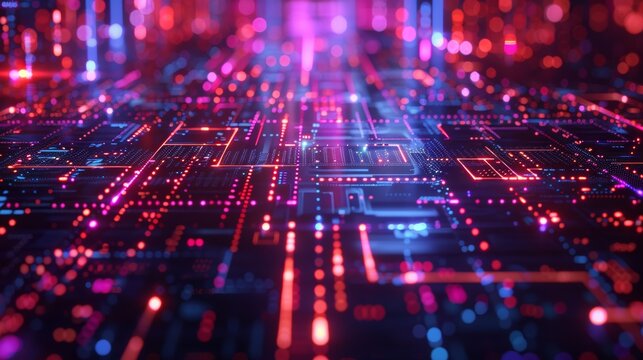 Geometric technology grid with bright neon highlights and floating data points, forming a visually striking and complex high-tech background