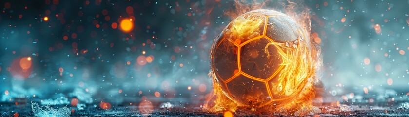 Fiery soccer ball with icy effects, photorealistic, high detail, vibrant colors, dark backdrop 8K , high-resolution, ultra HD,up32K HD